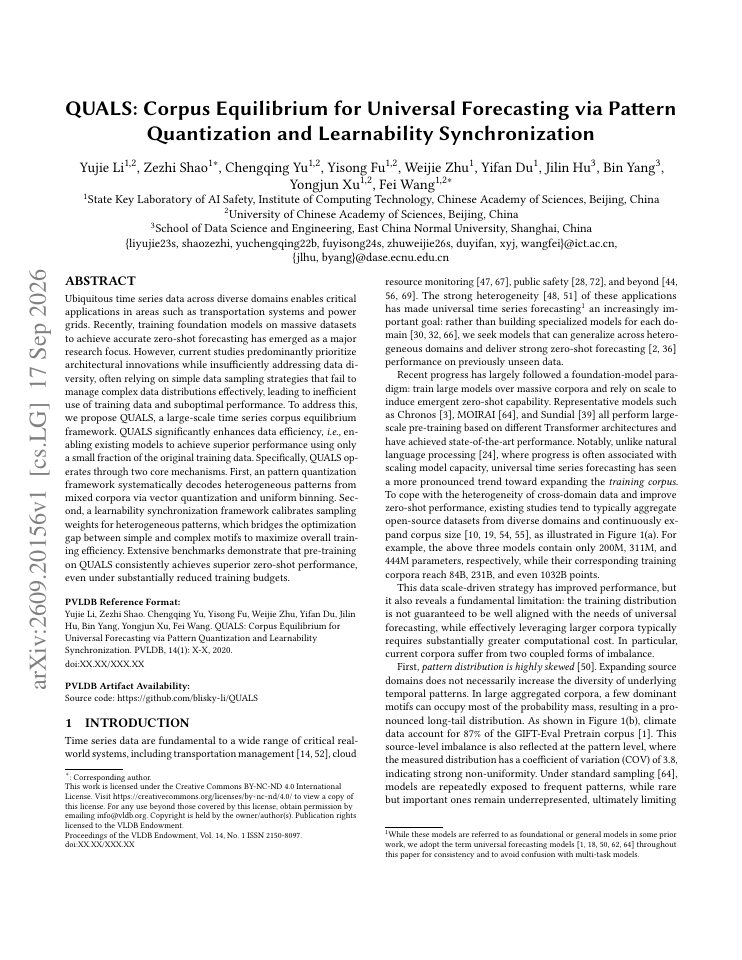 First page of QUALS: Corpus Equilibrium for Universal Forecasting via Pattern Quantization and Learnability Synchronization