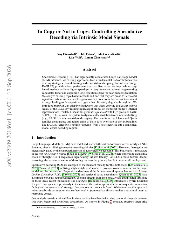 First page of To Copy or Not to Copy: Controlling Speculative Decoding via Intrinsic Model Signals