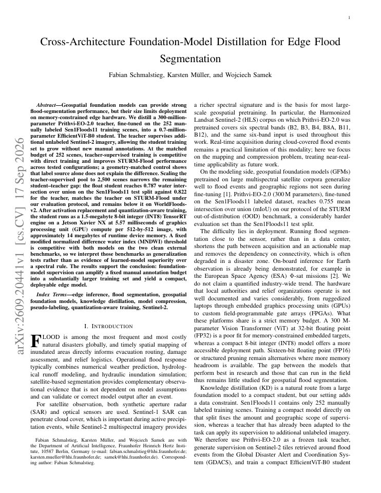 First page of Cross-Architecture Foundation-Model Distillation for Edge Flood Segmentation