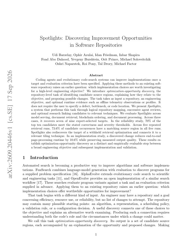First page of Spotlights: Discovering Improvement Opportunities in Software Repositories