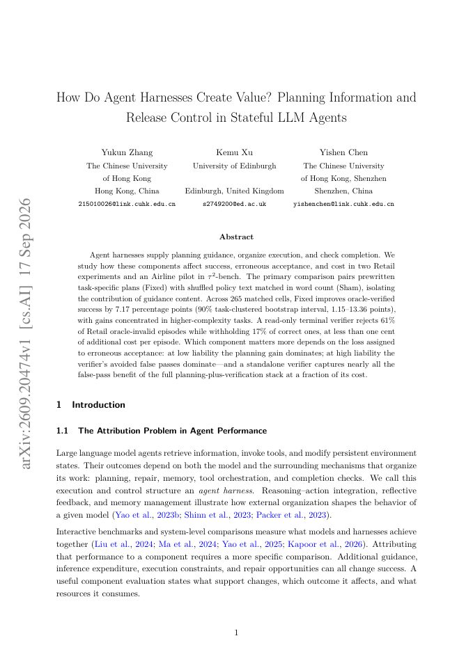 First page of How Do Agent Harnesses Create Value? Planning Information and Release Control in Stateful LLM Agents