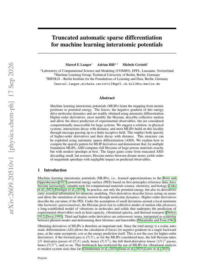First page of Truncated automatic sparse differentiation for machine learning interatomic potentials