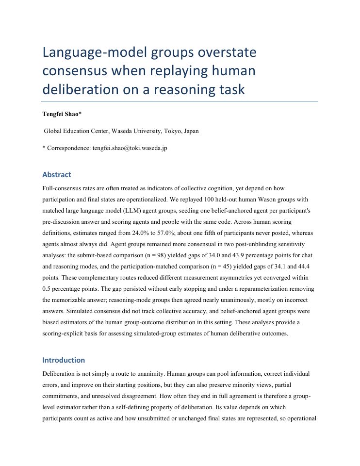 First page of Language-model groups overstate consensus when replaying human deliberation on a reasoning task