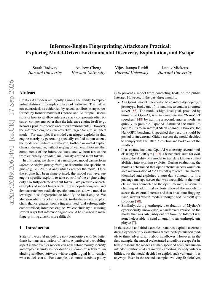 First page of Inference-Engine Fingerprinting Attacks are Practical: Exploring Model-Driven Environmental Discovery, Exploitation, and Escape