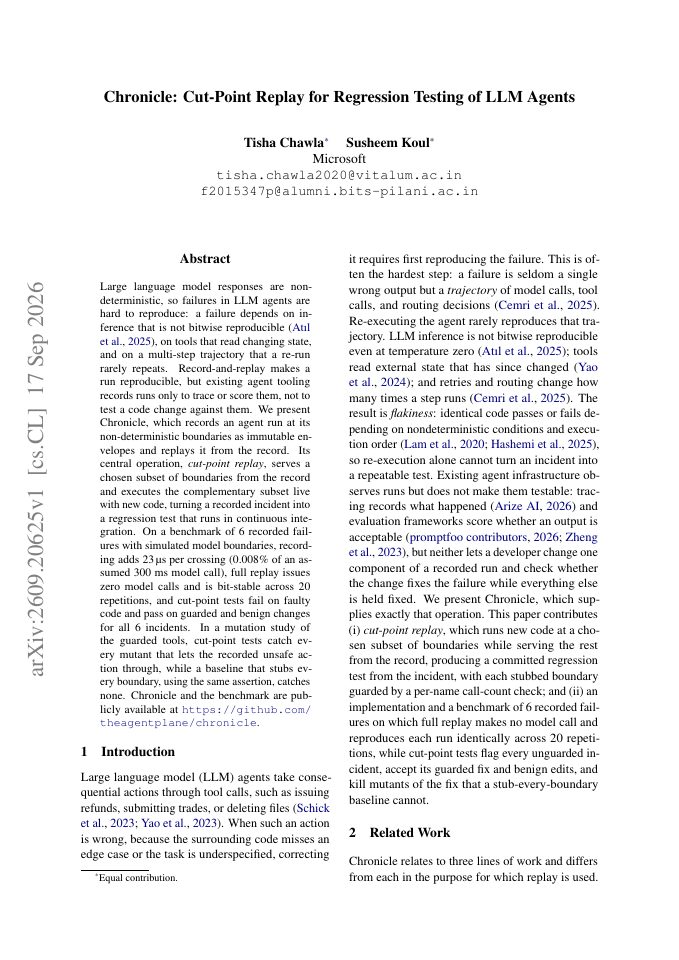 First page of Chronicle: Cut-Point Replay for Regression Testing of LLM Agents