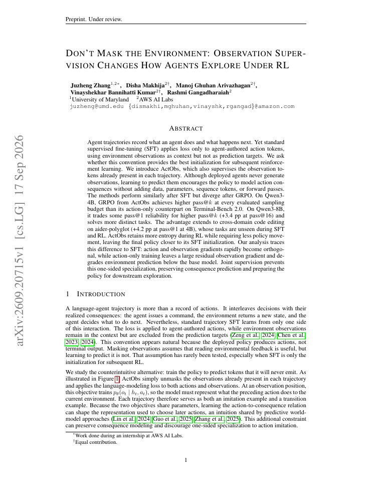 First page of Don't Mask the Environment: Observation Supervision Changes How Agents Explore Under RL