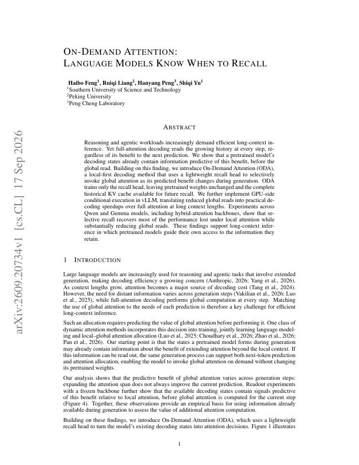 First page of On-Demand Attention: Language Models Know When to Recall
