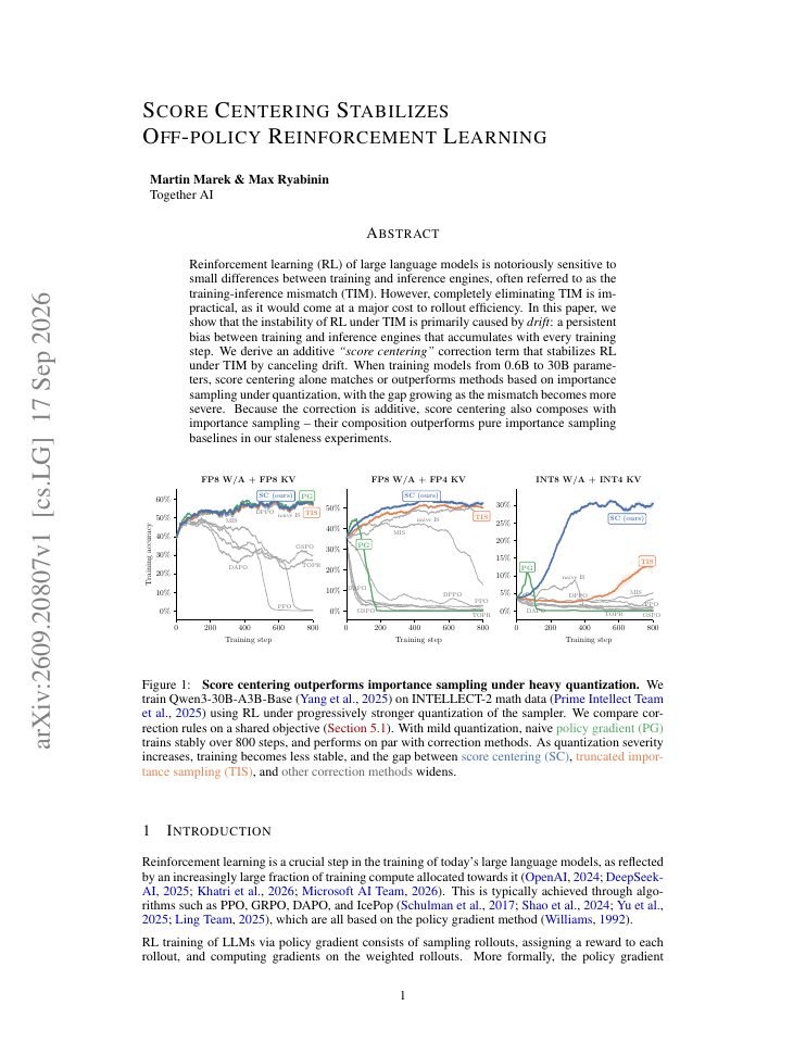 First page of Score Centering Stabilizes Off-policy Reinforcement Learning