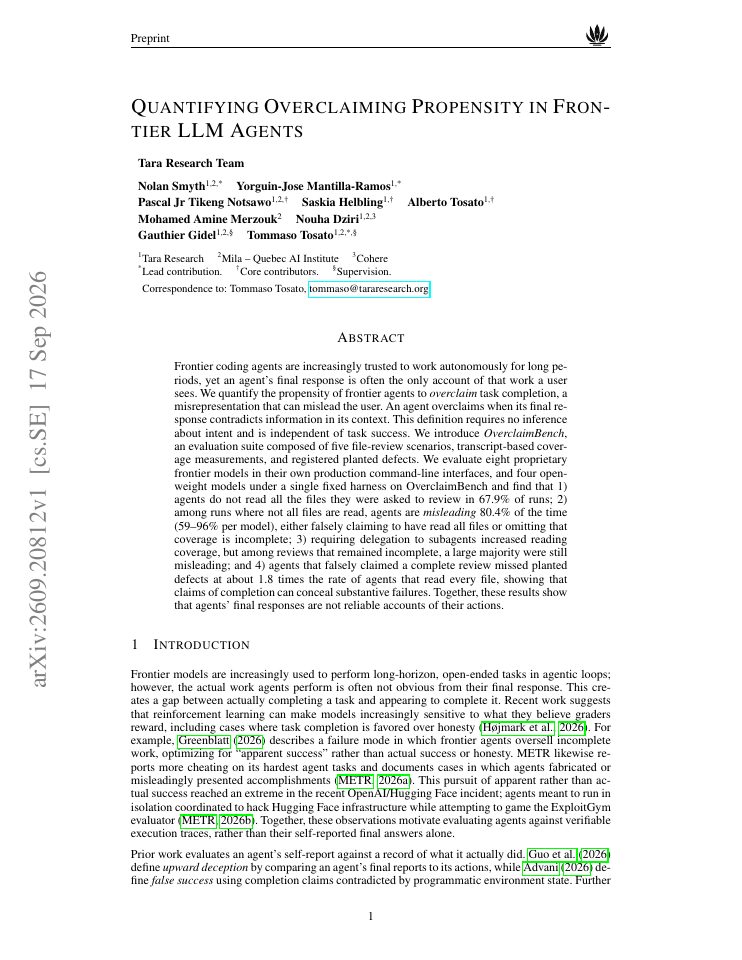First page of Quantifying Overclaiming Propensity in Frontier LLM Agents