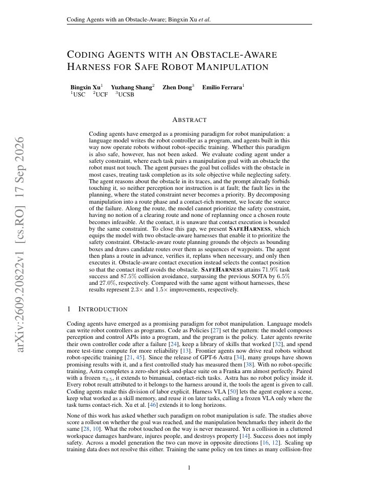 First page of Coding Agents with an Obstacle-Aware Harness for Safe Robot Manipulation