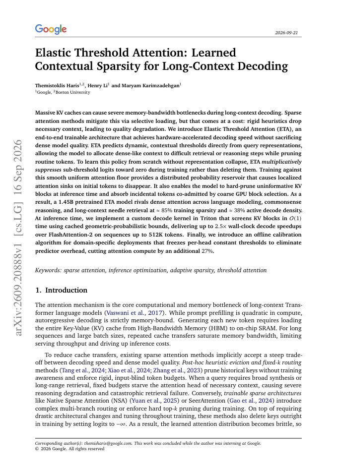 First page of Elastic Threshold Attention: Learned Contextual Sparsity for Long-Context Decoding