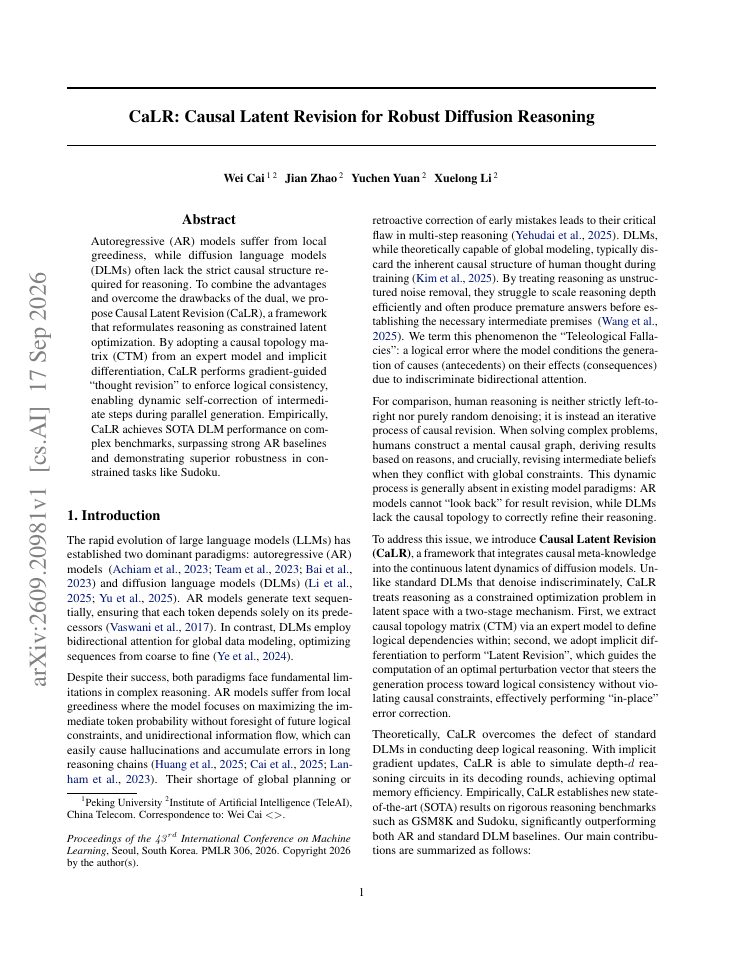 First page of CaLR: Causal Latent Revision for Robust Diffusion Reasoning