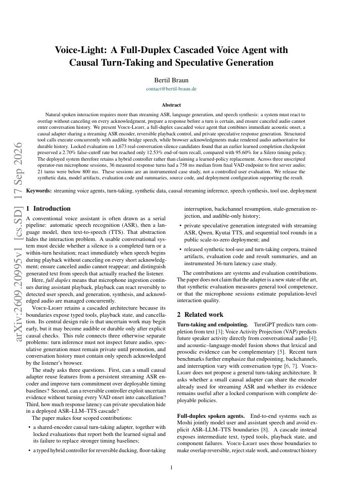 First page of Voice-Light: A Full-Duplex Cascaded Voice Agent with Causal Turn-Taking and Speculative Generation