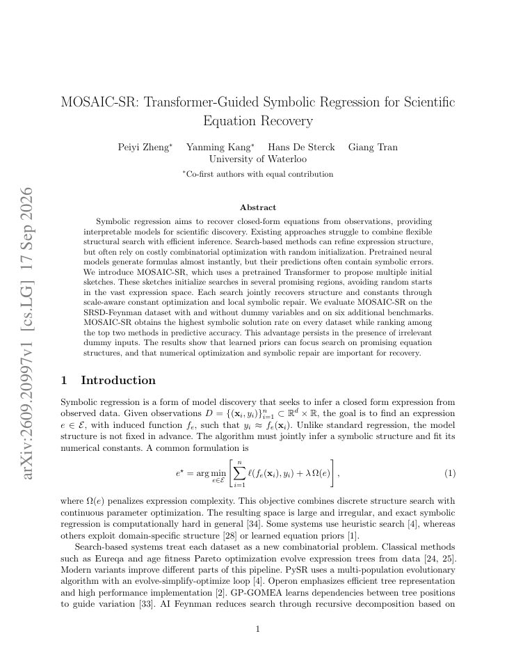 First page of MOSAIC-SR: Transformer-Guided Symbolic Regression for Scientific Equation Recovery