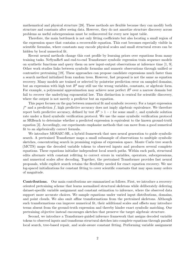 Page 2 of MOSAIC-SR: Transformer-Guided Symbolic Regression for Scientific Equation Recovery