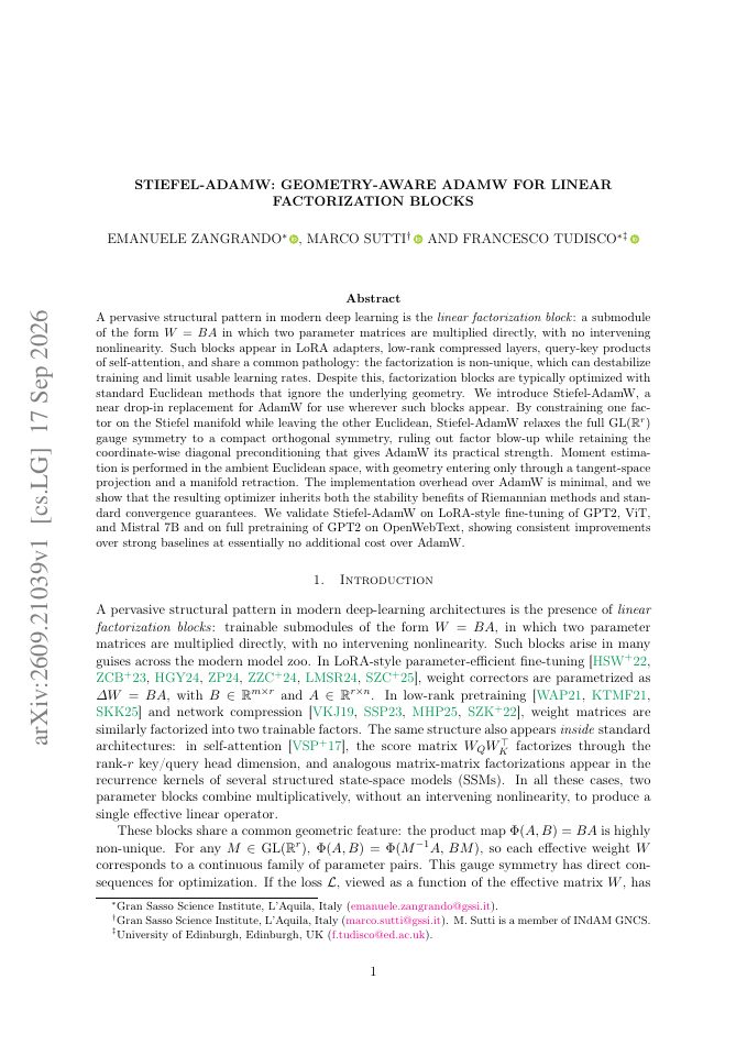 First page of Stiefel-AdamW: Geometry-Aware AdamW for Linear Factorization Blocks