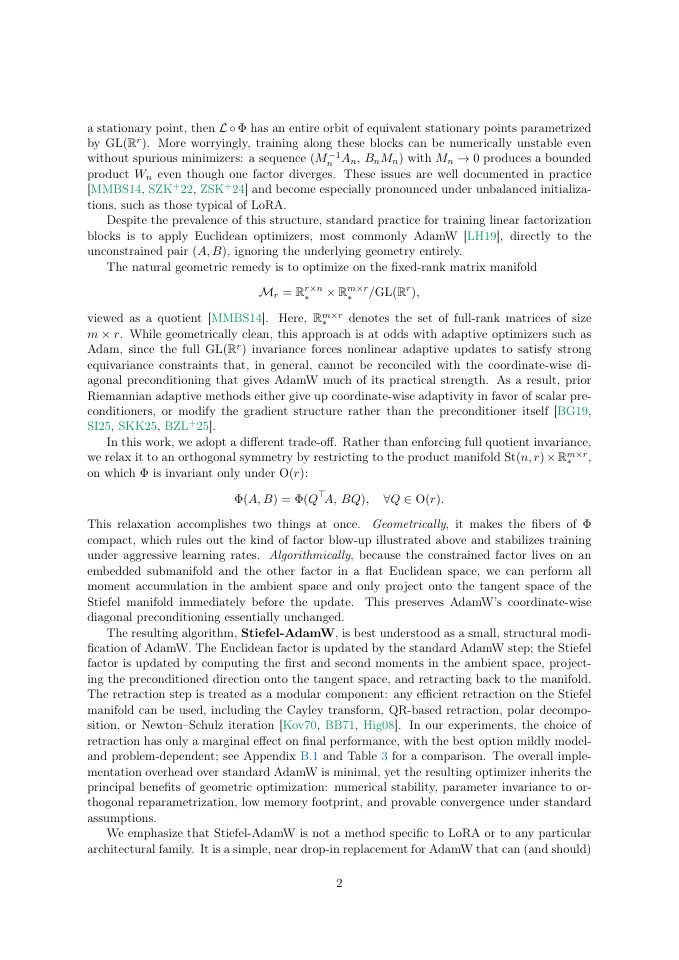 Page 2 of Stiefel-AdamW: Geometry-Aware AdamW for Linear Factorization Blocks