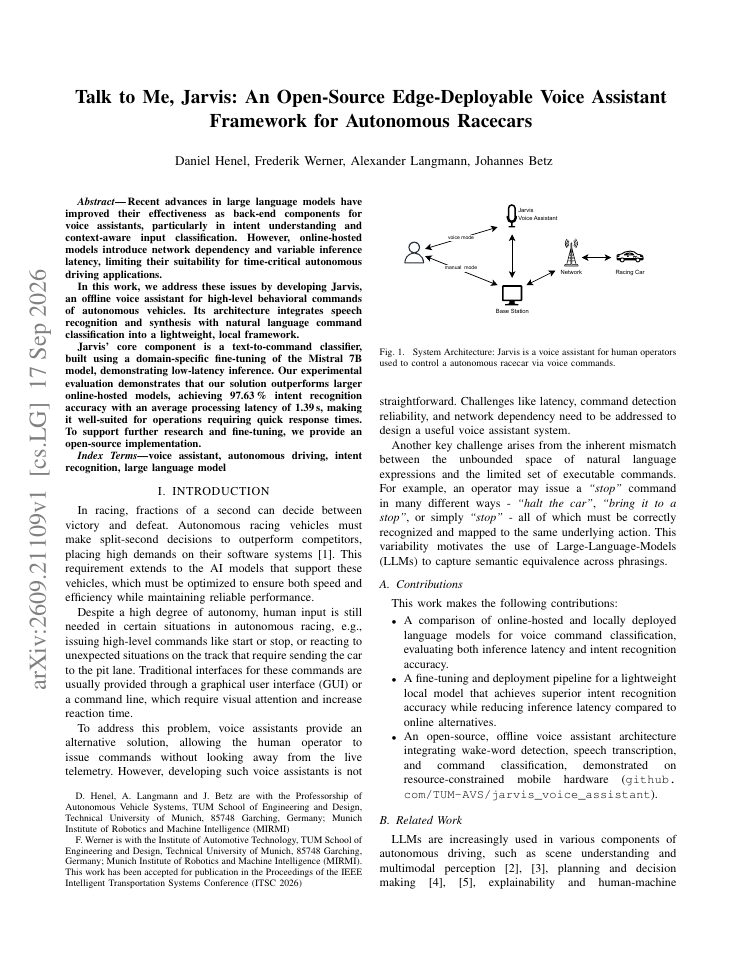 First page of Talk to Me, Jarvis: An Open-Source Edge-Deployable Voice Assistant Framework for Autonomous Racecars