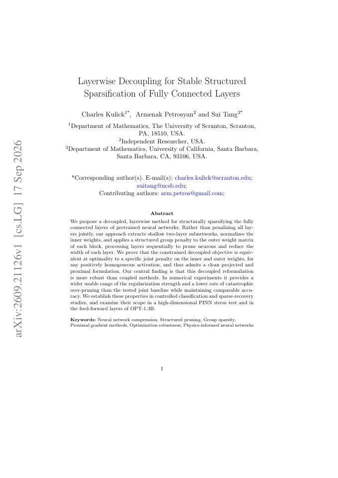 First page of Layerwise Decoupling for Stable Structured Sparsification of Fully Connected Layers