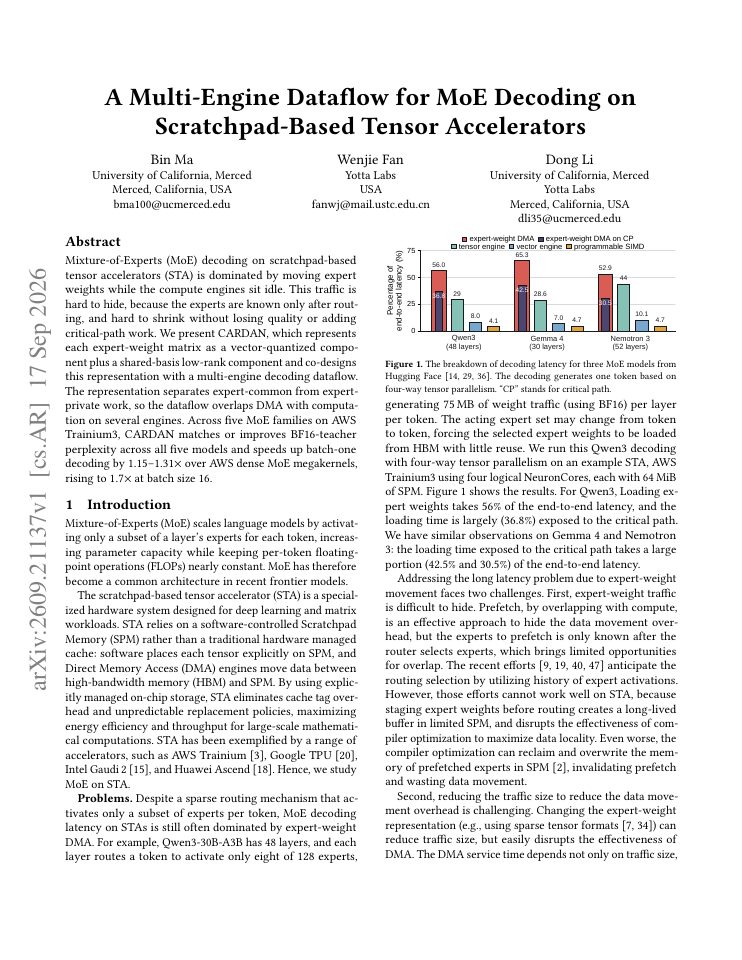 First page of A Multi-Engine Dataflow for MoE Decoding on Scratchpad-Based Tensor Accelerators