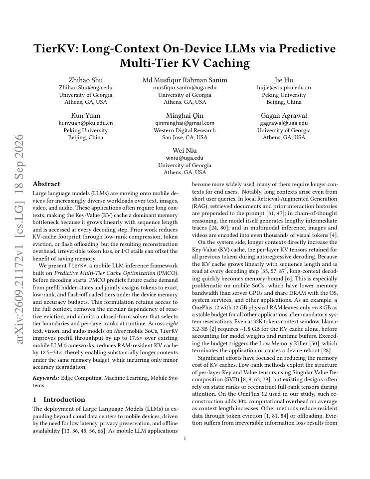 First page of TierKV: Long-Context On-Device LLMs via Predictive Multi-Tier KV Caching