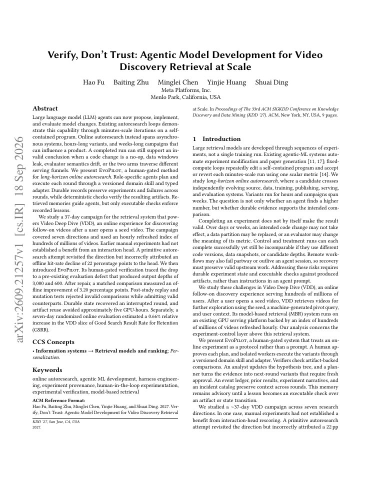 First page of Verify, Don't Trust: Agentic Model Development for Video Discovery Retrieval at Scale