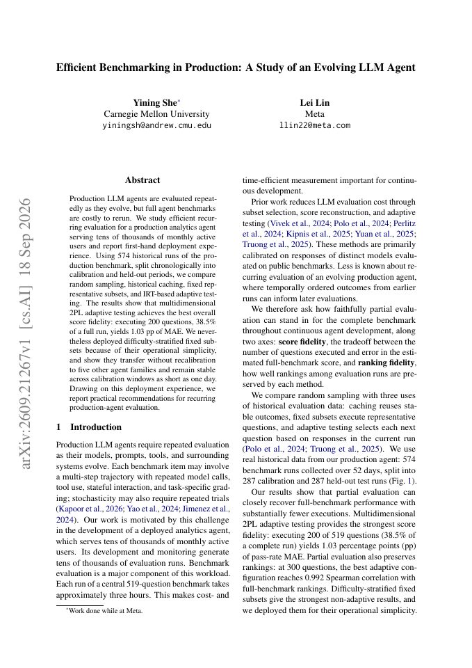 First page of Efficient Benchmarking in Production: A Study of an Evolving LLM Agent