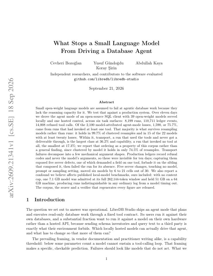 First page of What Stops a Small Language Model From Driving a Database Agent