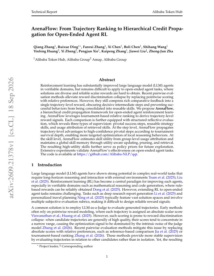 First page of ArenaFlow: From Trajectory Ranking to Hierarchical Credit Propagation for Open-Ended Agent RL