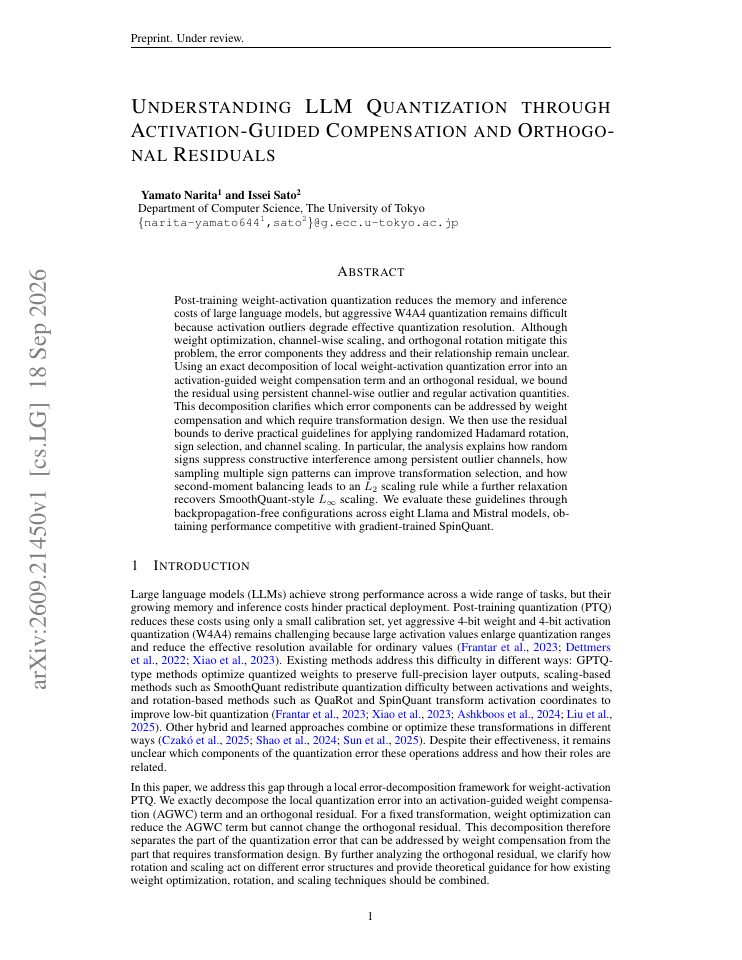 First page of Understanding LLM Quantization through Activation-Guided Compensation and Orthogonal Residuals