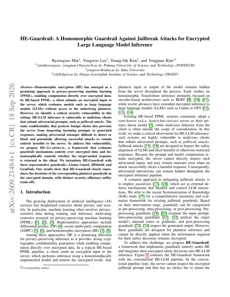 First page of HE-Guardrail: A Homomorphic Guardrail Against Jailbreak Attacks for Encrypted Large Language Model Inference
