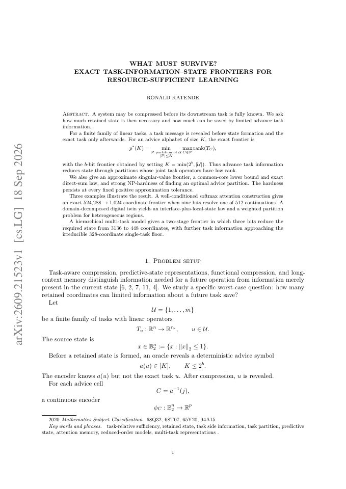 First page of What Must Survive? Exact Task-Information--State Frontiers for Resource-Sufficient Learning