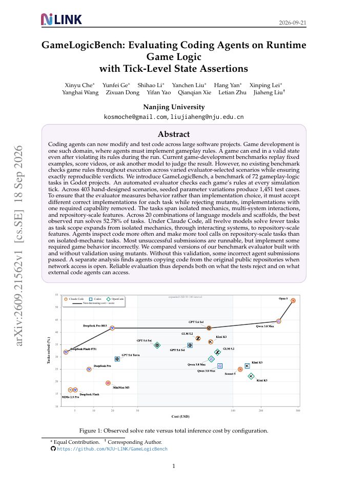 First page of GameLogicBench: Evaluating Coding Agents on Runtime Game Logic with Tick-Level State Assertions