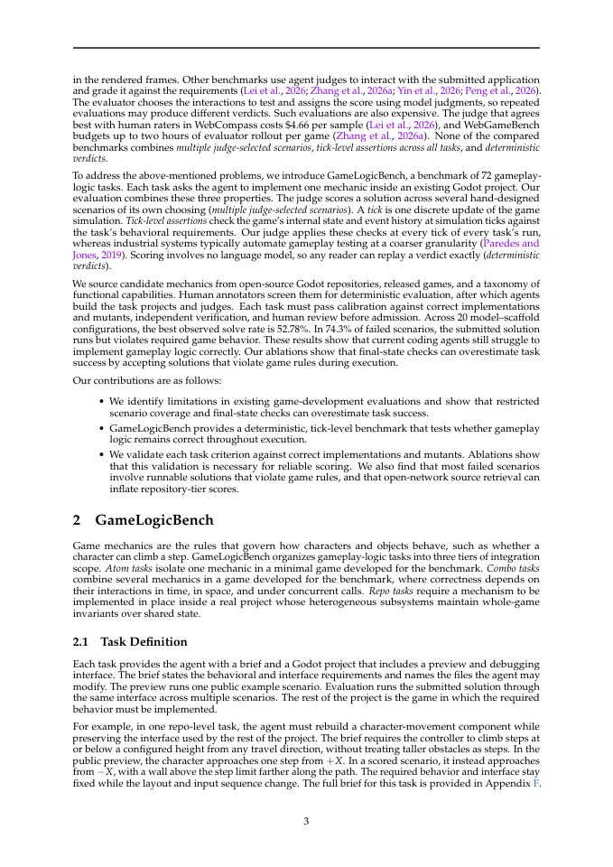 Page 3 of GameLogicBench: Evaluating Coding Agents on Runtime Game Logic with Tick-Level State Assertions