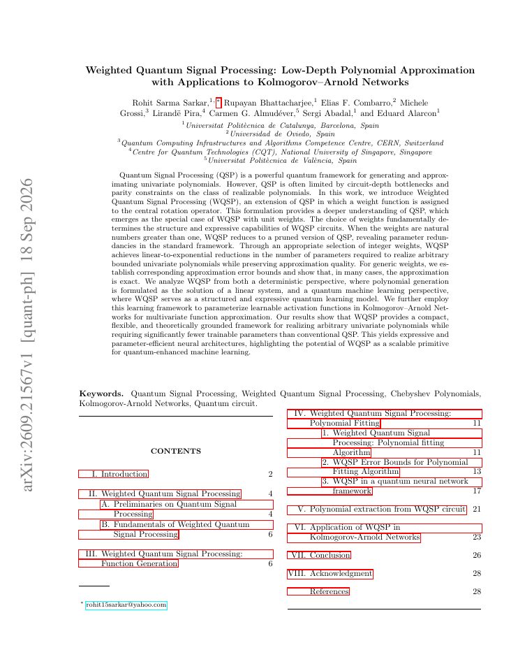 First page of Weighted Quantum Signal Processing: Low-Depth Polynomial Approximation with Applications to Kolmogorov-Arnold Networks