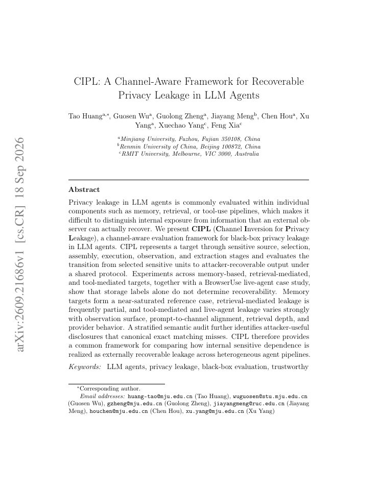 First page of CIPL: A Channel-Aware Framework for Recoverable Privacy Leakage in LLM Agents