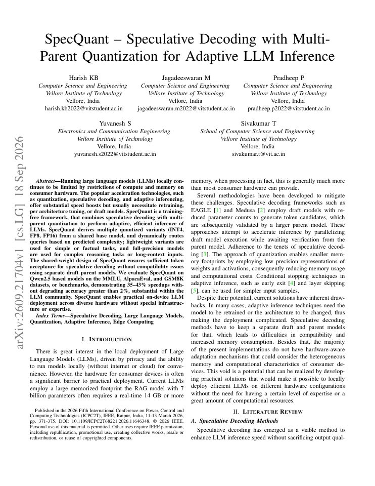 First page of SpecQuant: Speculative Decoding with Multi-Parent Quantization for Adaptive LLM Inference
