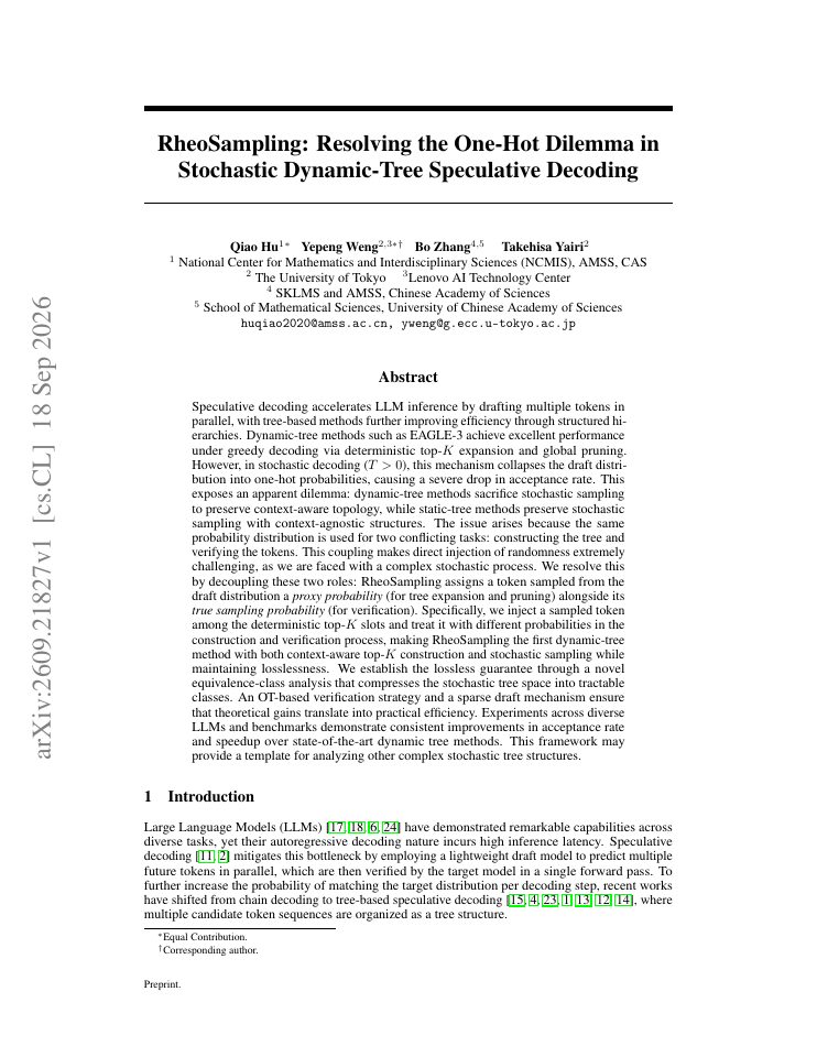 First page of RheoSampling: Resolving the One-Hot Dilemma in Stochastic Dynamic-Tree Speculative Decoding