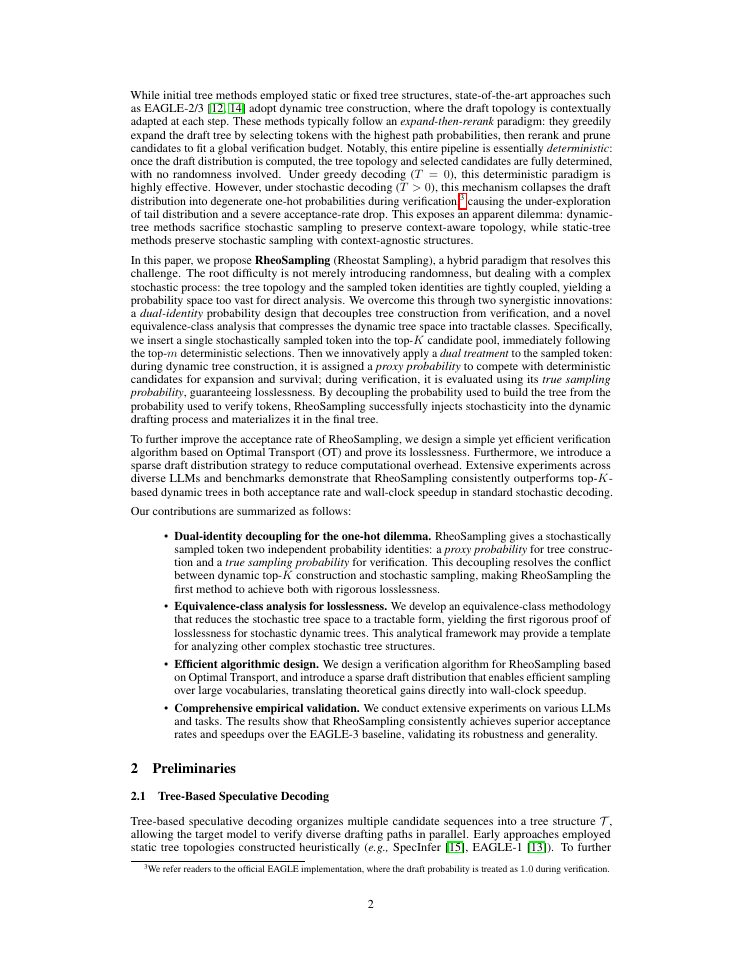 Page 2 of RheoSampling: Resolving the One-Hot Dilemma in Stochastic Dynamic-Tree Speculative Decoding