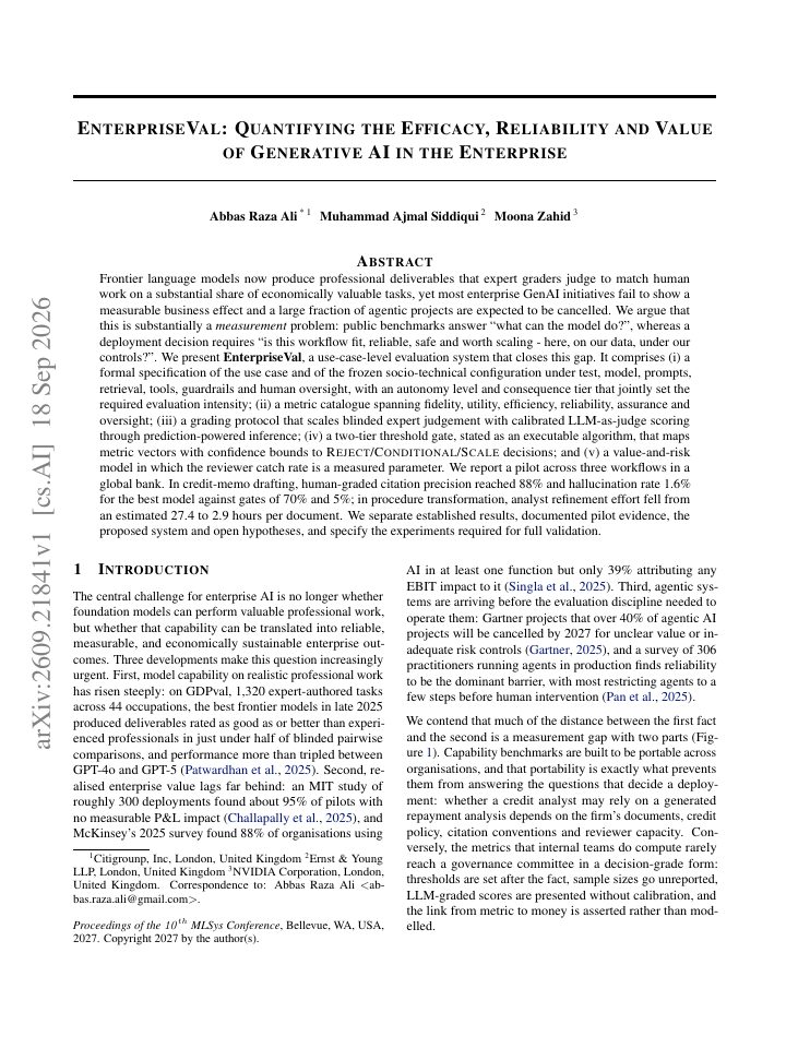 First page of EnterpriseVal: Quantifying the Efficacy, Reliability and Value of Generative AI in the Enterprise