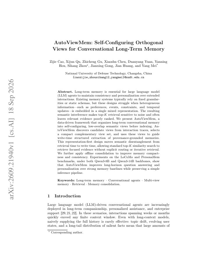 First page of AutoViewMem: Self-Configuring Orthogonal Views for Conversational Long-Term Memory