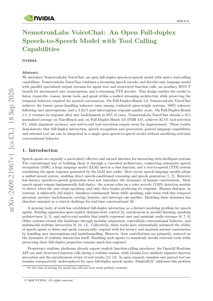 First page of NemotronLabs VoiceChat: An Open Full-duplex Speech-to-Speech Model with Tool Calling Capabilities