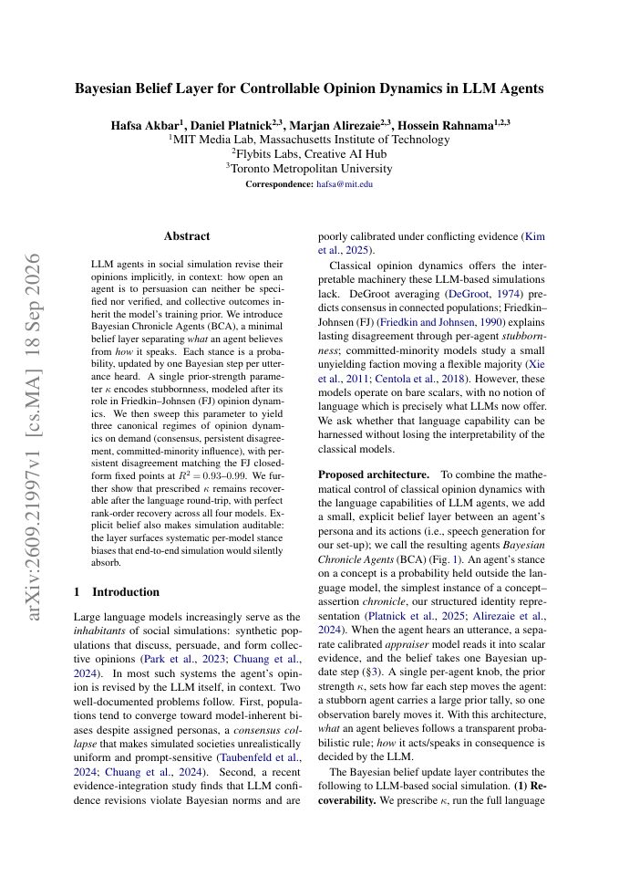 First page of Bayesian Belief Layer for Controllable Opinion Dynamics in LLM Agents