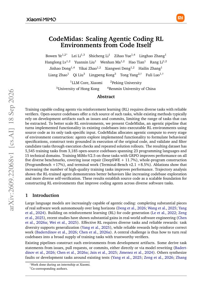First page of CodeMidas: Scaling Agentic Coding RL Environments from Code Itself