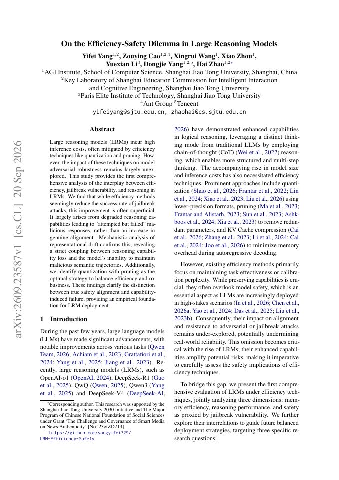 First page of On the Efficiency-Safety Dilemma in Large Reasoning Models