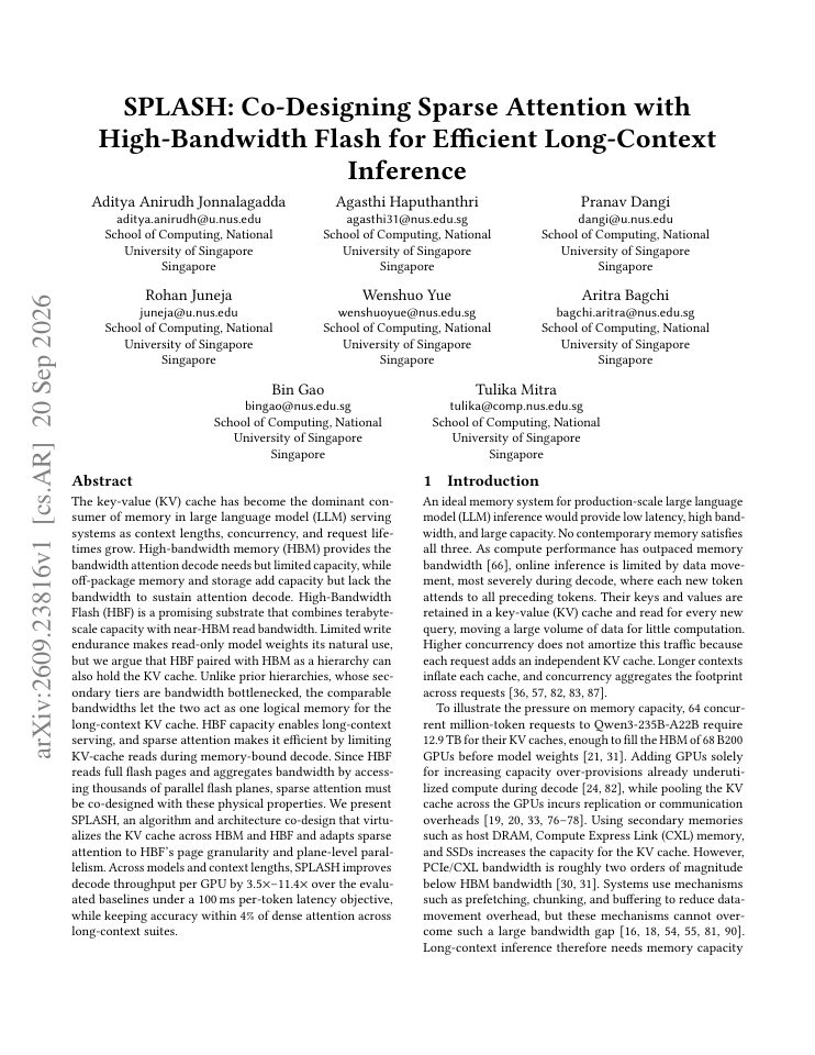 First page of SPLASH: Co-Designing Sparse Attention with High-Bandwidth Flash for Efficient Long-Context Inference