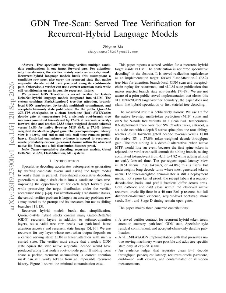 First page of GDN Tree-Scan: Served Tree Verification for Recurrent-Hybrid Language Models