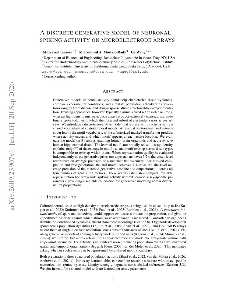 First page of A discrete generative model of neuronal spiking activity on microelectrode arrays