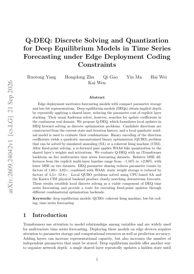 First page of Q-DEQ: Discrete Solving and Quantization for Deep Equilibrium Models in Time Series Forecasting under Edge Deployment Coding Constraints