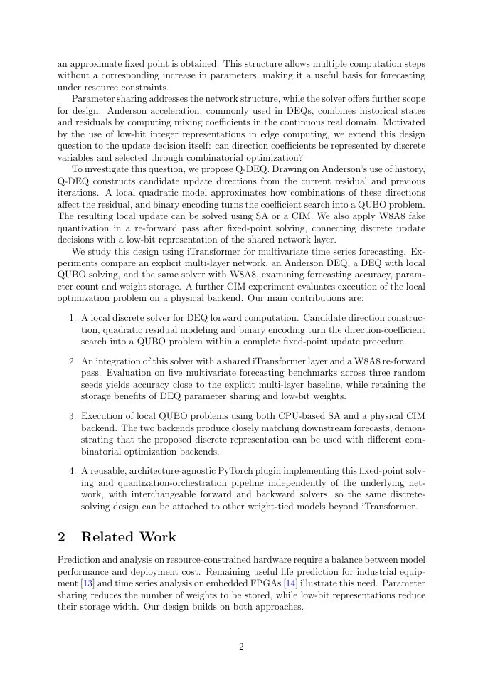 Page 2 of Q-DEQ: Discrete Solving and Quantization for Deep Equilibrium Models in Time Series Forecasting under Edge Deployment Coding Constraints